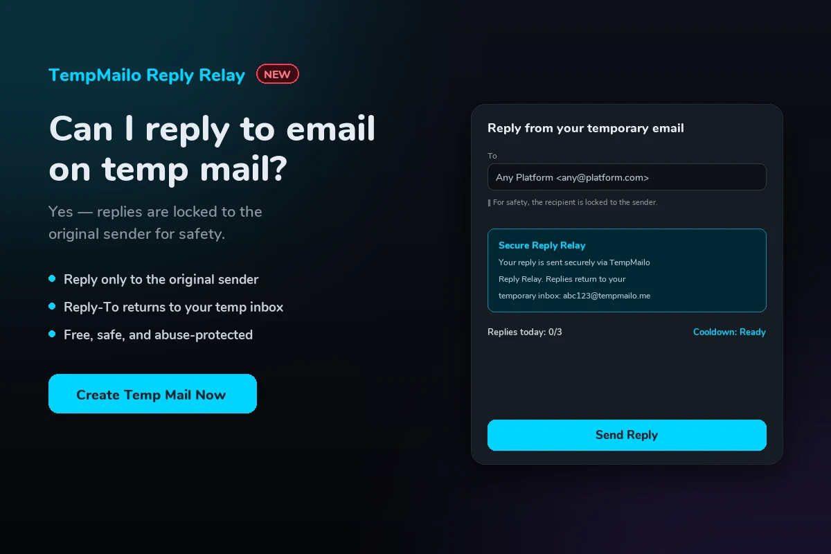 TempMailo Reply Relay modal — reply from your temporary inbox, locked to the original sender